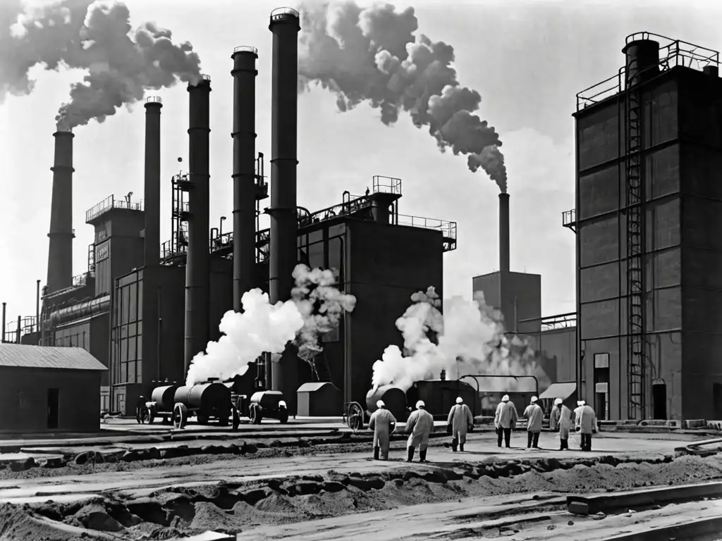 Foto en blanco y negro de una planta química del siglo XX, con trabajadores y chimeneas humeantes