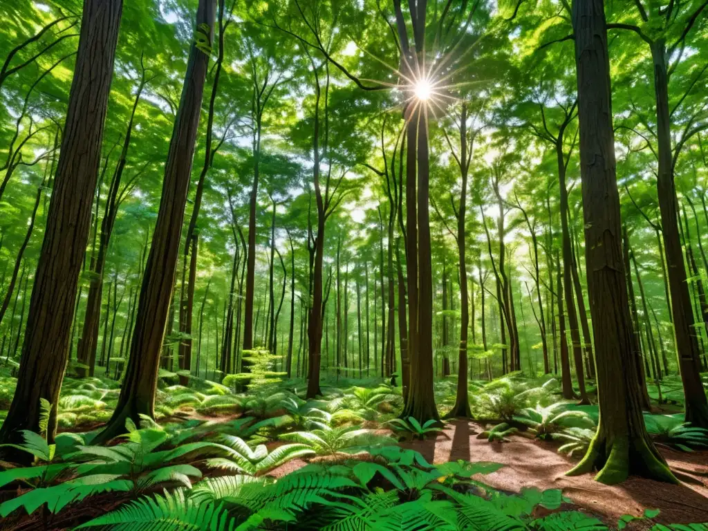 Frondoso bosque verde con luz solar filtrándose entre el dosel, resaltando la exuberante vegetación y creando patrones moteados en el suelo