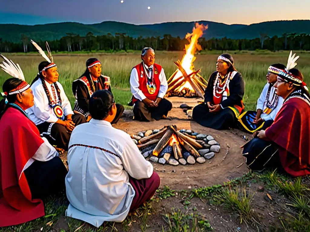 Consejo intertribal bajo las estrellas: sabiduría y unión indígena Colaboración intertribal alrededor del fuego, líderes indígenas discuten defensa de territorios bajo el cielo estrellado