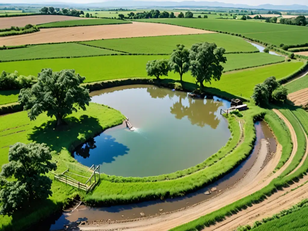 Fuente de agua rural pura rodeada de tierras de cultivo, transmitiendo tranquilidad y belleza natural