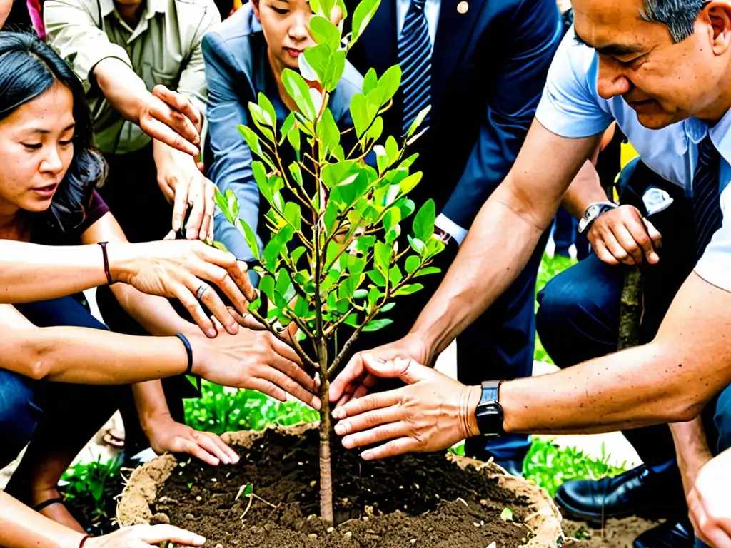 Un funcionario de la ciudad planta un árbol joven en un área urbana, rodeado de espectadores y medios de comunicación