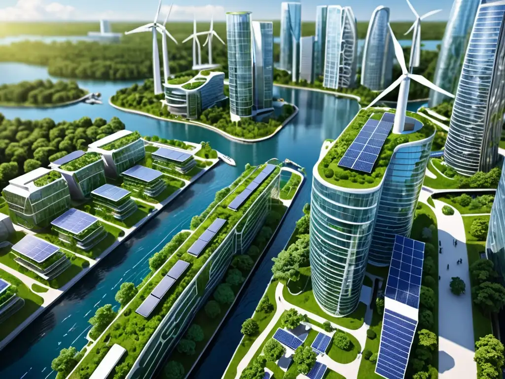 Visión futurista de una ciudad sostenible con tecnología limpia y normativas internacionales, rodeada de naturaleza y agua