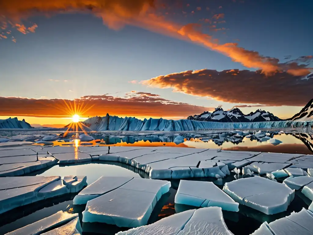 Glaciar derritiéndose al atardecer con impacto humano y legislación internacional cambio climático