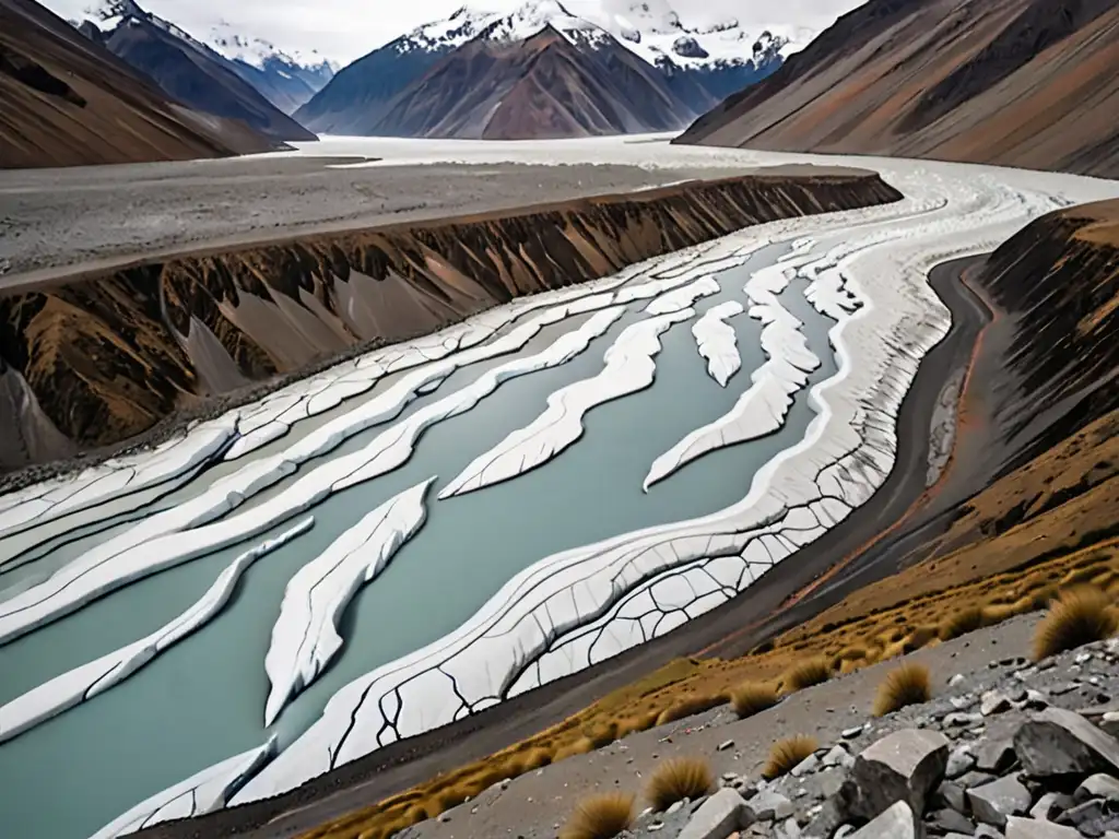 Glaciar derritiéndose en los Andes, río seco por impacto del cambio climático