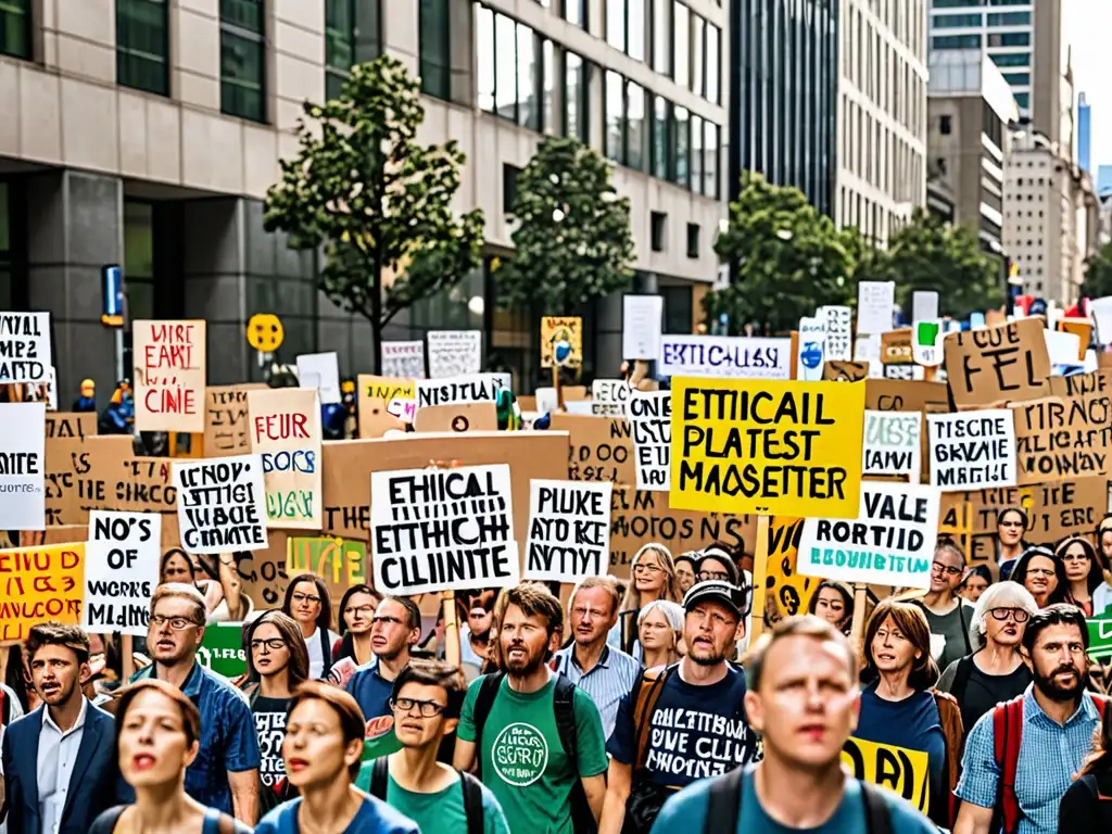 Manifestación global por la ética en legislación cambio climático, con diversidad de personas y mensajes poderosos en pancartas