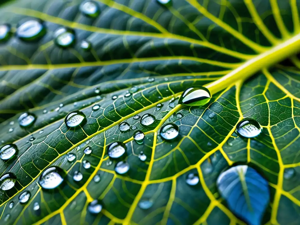 Una gota de agua brillante se aferra a una hoja verde vibrante, reflejando la exuberante vegetación circundante