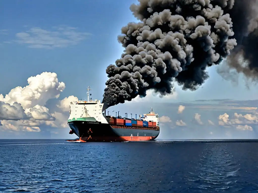 Un gran buque de carga emite humo negro mientras navega en el océano, mostrando el impacto global del Convenio MARPOL