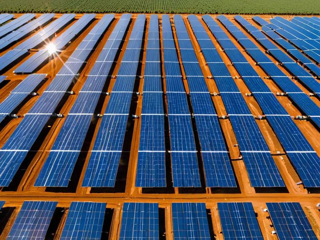 Un gran campo solar con paneles brillantes capturando la luz bajo el cielo azul