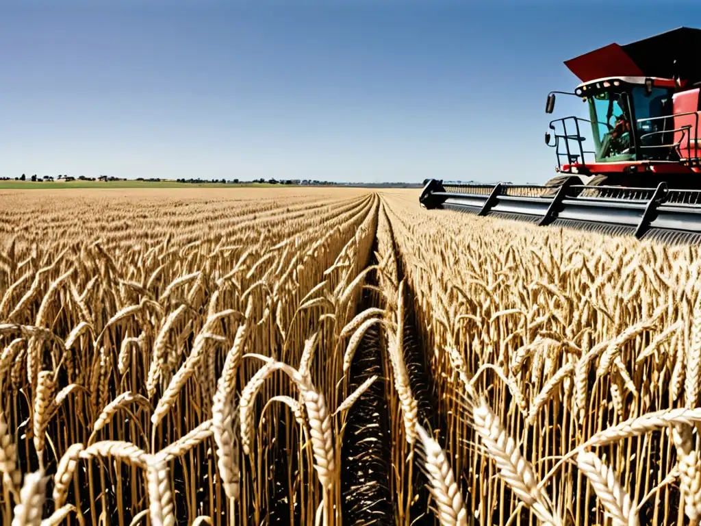 Un gran campo de trigo en Australia, con un agricultor inspeccionando los cultivos y maquinaria agrícola al fondo