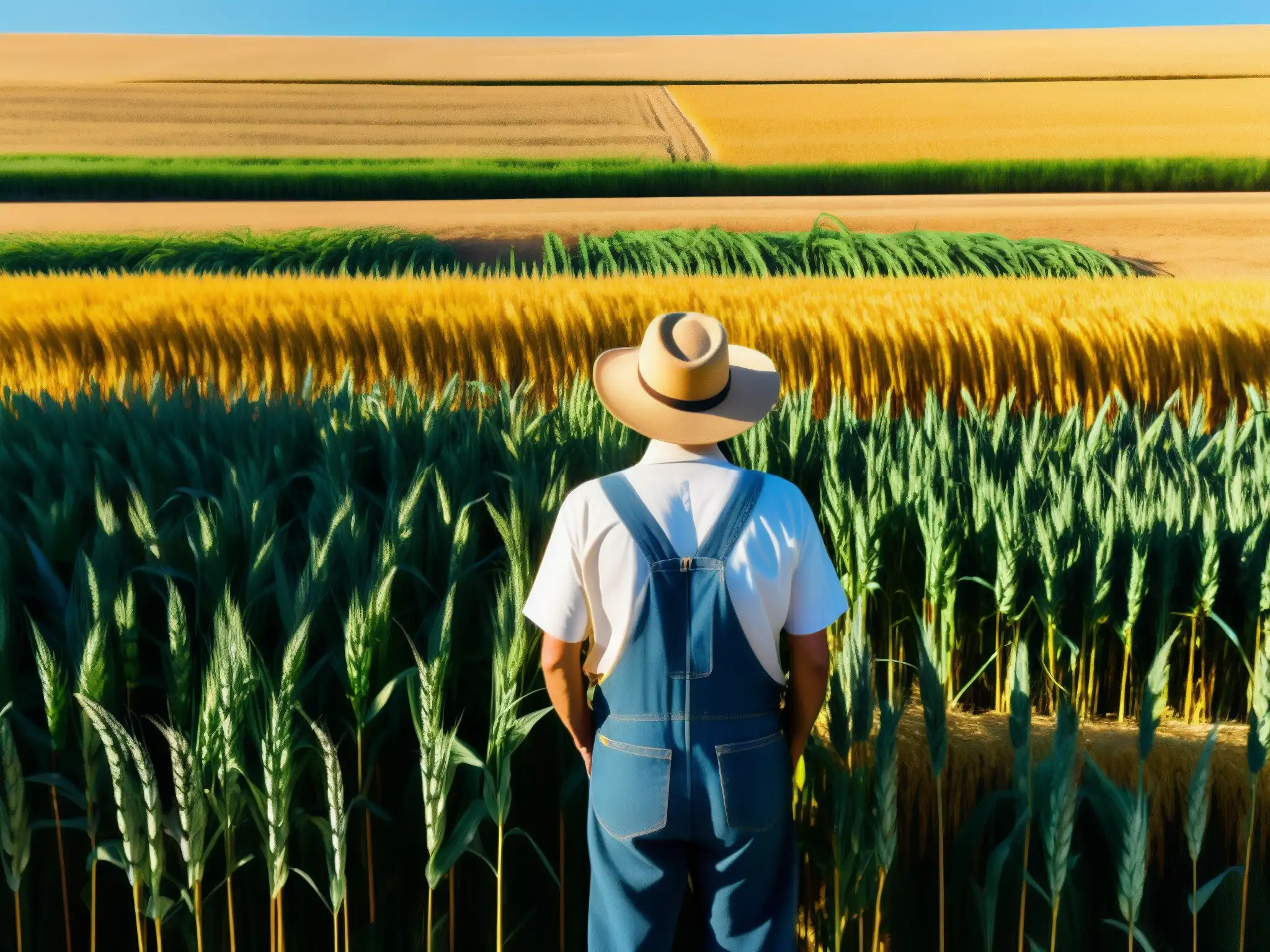 Un gran campo de trigo dorado se extiende hasta el horizonte, mientras un agricultor observa la cosecha bajo el sol de la tarde