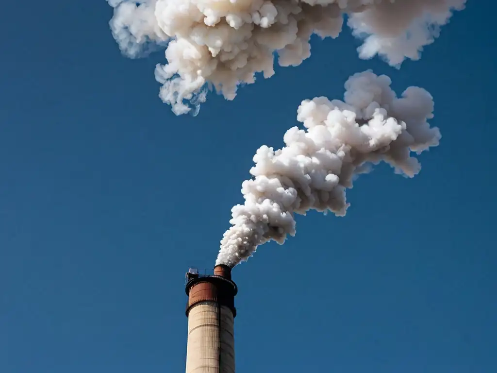 Una gran chimenea industrial emitiendo humo denso hacia el cielo azul, evocando la urgencia de reducir la contaminación por emisiones industriales