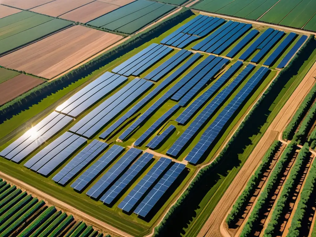 Un gran parque solar con paneles brillantes en un paisaje rural, mostrando la neutralidad de carbono en la UE