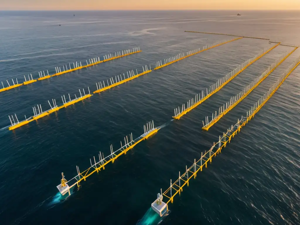 Una granja de energía marina al atardecer en América Latina, con dispositivos de energía de olas y mareas en el mar