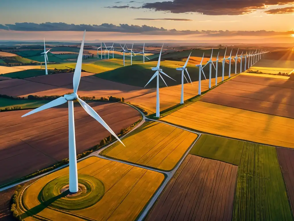 Una granja eólica moderna con turbinas blancas se alza contra un vibrante atardecer, reflejando la legislación ambiental y transición energética