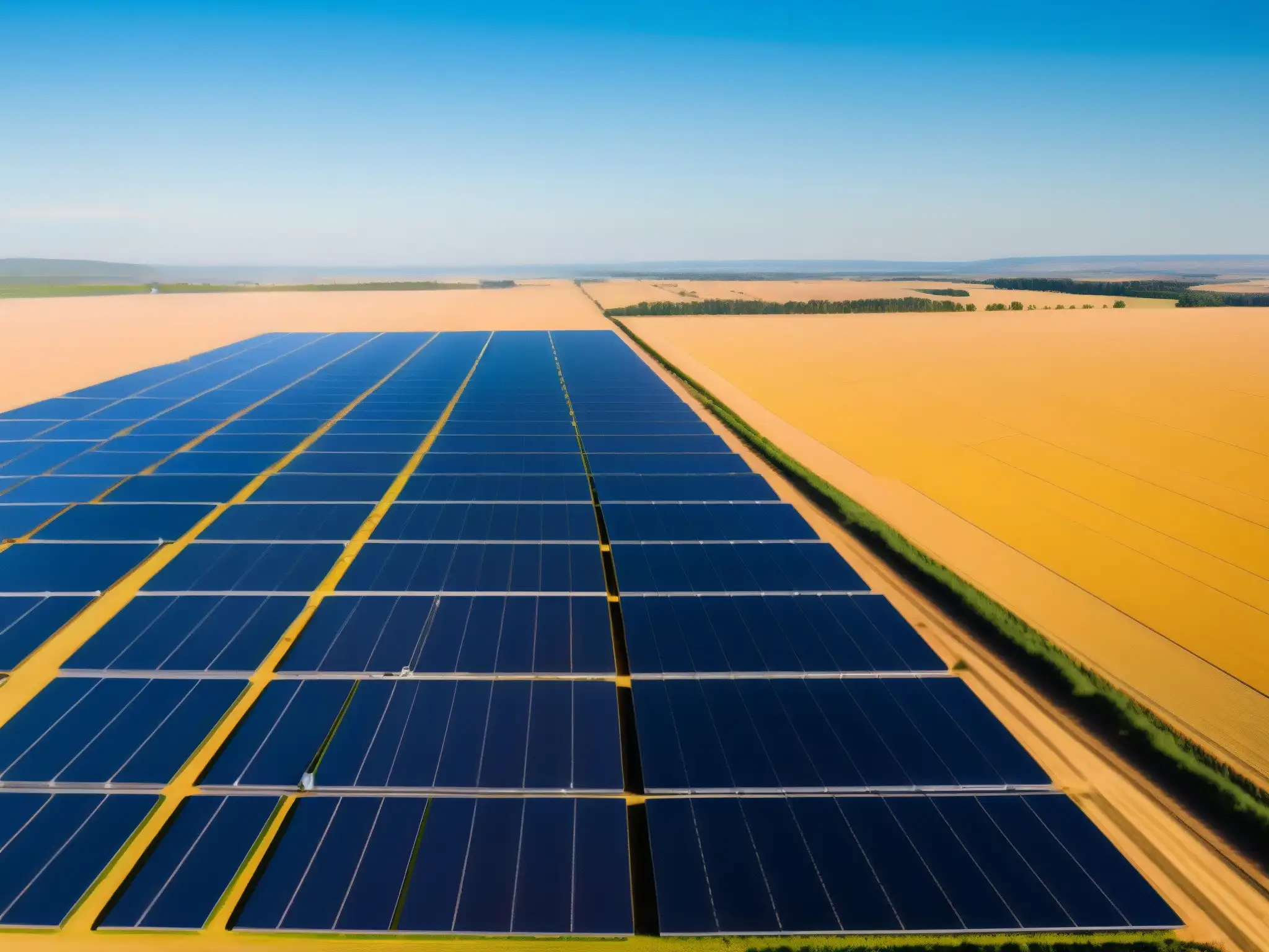 Una granja de paneles solares bajo un cielo azul, con trabajadores y tecnología