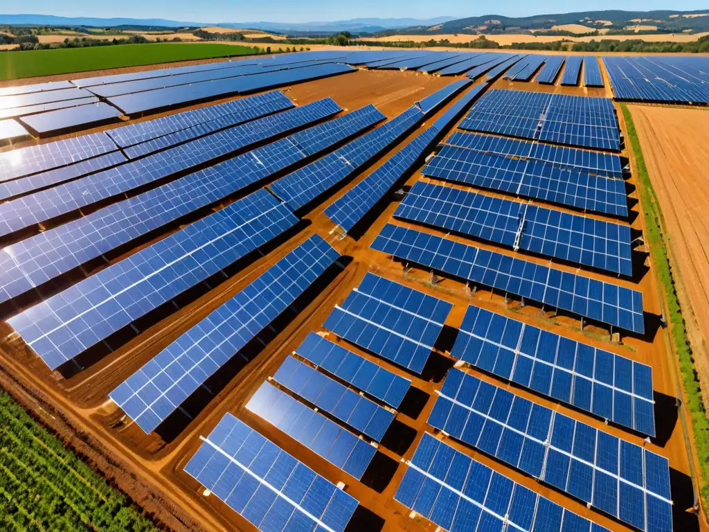 Una granja solar en el campo, con paneles relucientes bajo un cielo azul