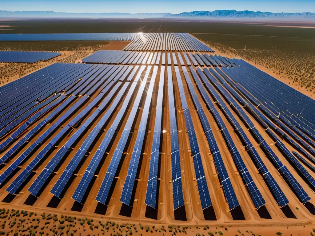 Granja solar en el desierto, paneles brillantes contrastan con el paisaje natural