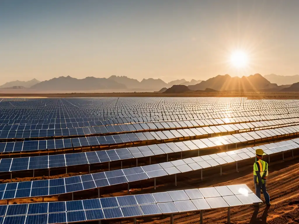 Una granja solar en el desierto, con trabajadores inspeccionando paneles bajo la cálida luz del atardecer