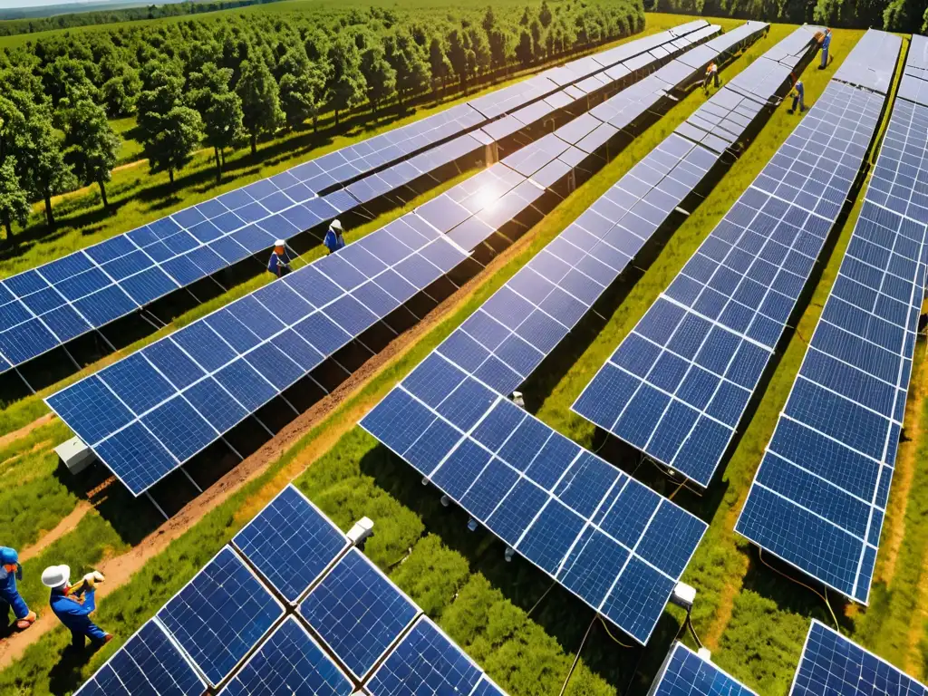 Una granja solar de una empresa de energía sostenible, con paneles relucientes y trabajadores monitoreando el desempeño ecológico