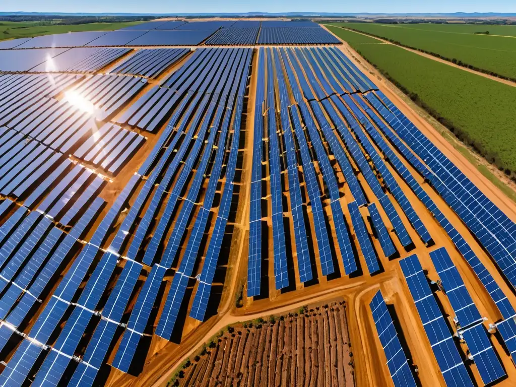 Una granja solar expansiva bajo un cielo azul claro, con paneles brillantes formando un patrón geométrico