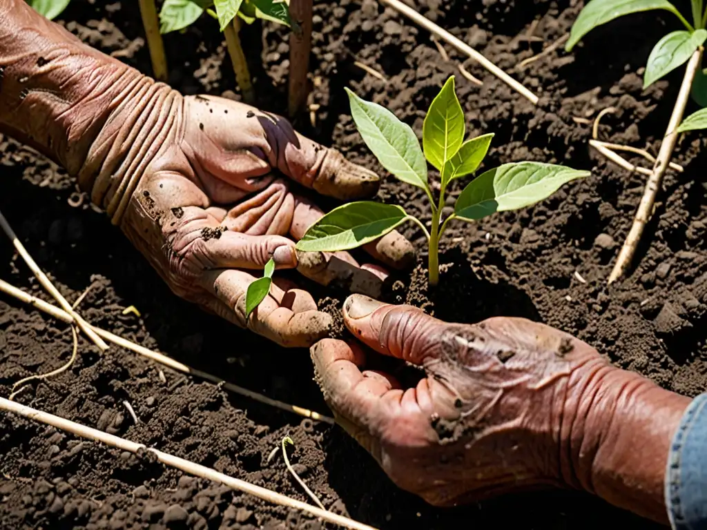 Un granjero cuidadosamente planta un árbol joven en un campo fértil, mostrando su conexión con la tierra y la importancia de las leyes de protección de especies en la agricultura y ganadería