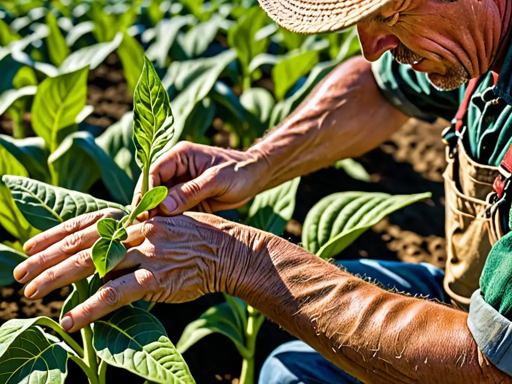 Granjero inspecciona con cuidado cultivo modificado genéticamente en campo soleado