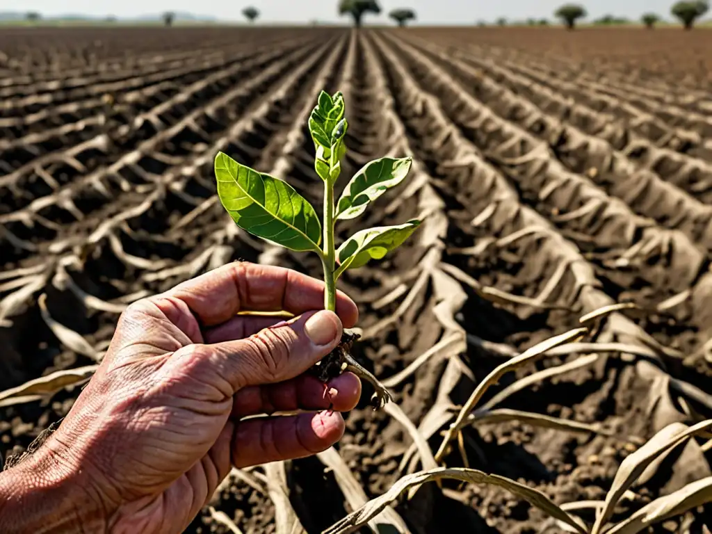 Un granjero inspecciona sus cultivos dañados por la sequía, mostrando el impacto legal del cambio climático en la agricultura