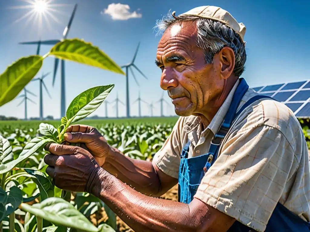 Un granjero cuida los cultivos bajo el sol, con sudor en la frente y las manos laboriosas