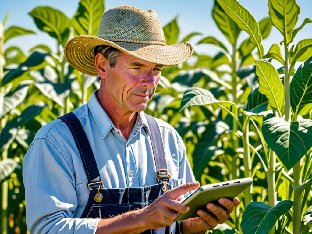 Un granjero examina con curiosidad una innovadora tecnología agrícola en un campo soleado, destacando la protección propiedad intelectual innovaciones agricultura