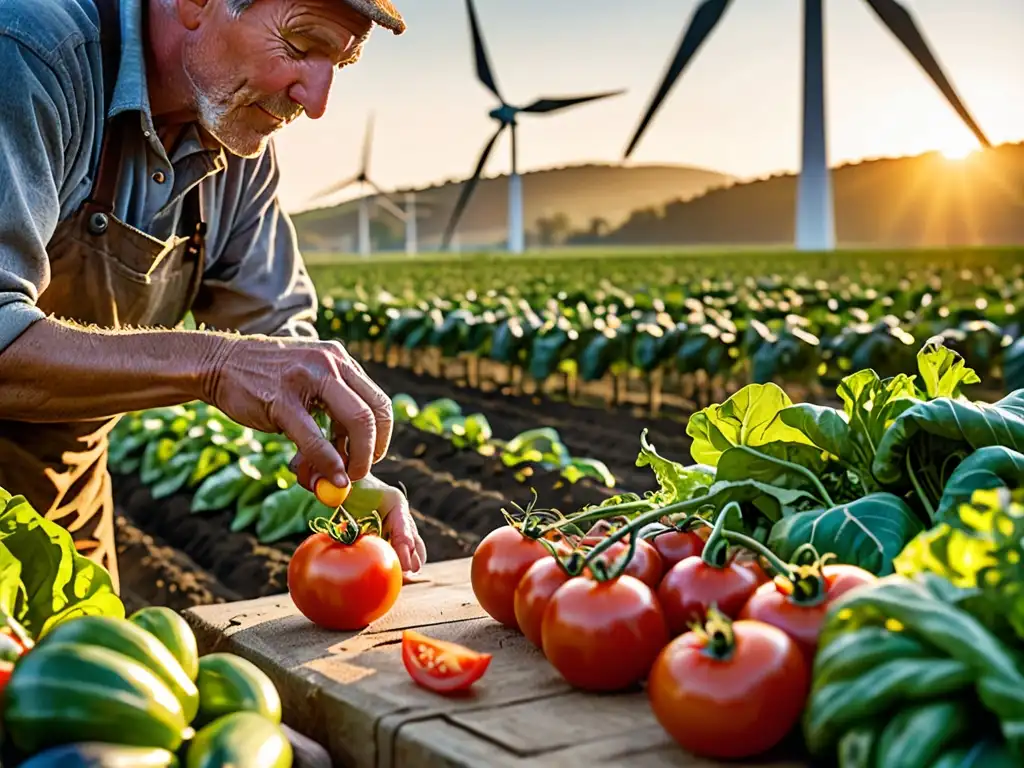 Un granjero cuida con esmero una diversa y vibrante cosecha de vegetales en un entorno agrícola sostenible y amigable con el clima