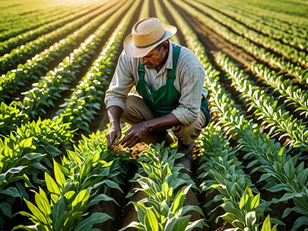 Un granjero experto revisa sus cultivos con detalle en un campo soleado