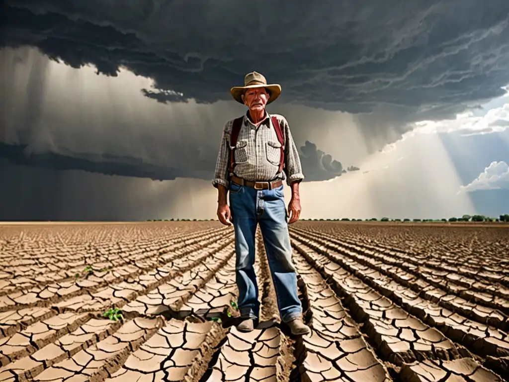 Granjero preocupado sostiene tierra seca en campo árido con cultivos marchitos y nube de tormenta