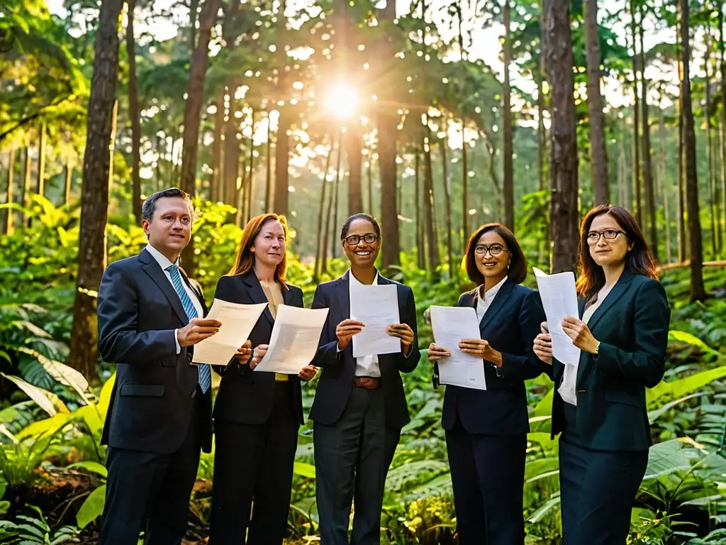 Grupo de abogados y activistas ambientales en bosque exuberante al atardecer