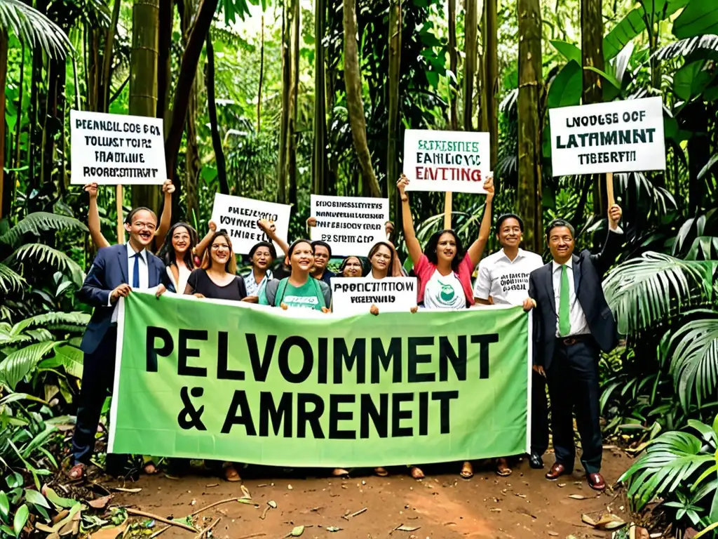 Grupo de abogados y activistas ambientales frente a una exuberante selva, abogando por la protección del medio ambiente