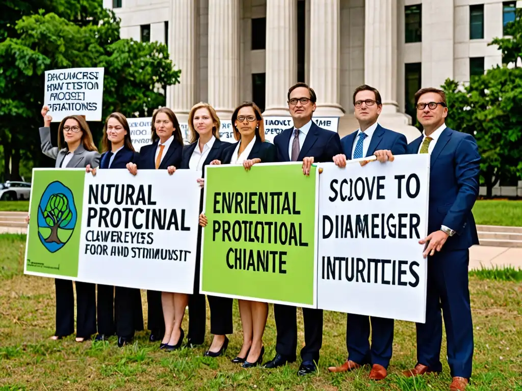 Un grupo de abogados y activistas ambientales se unen en defensa legal del medio ambiente frente a la corte, expresando determinación y unidad con carteles de protección ambiental