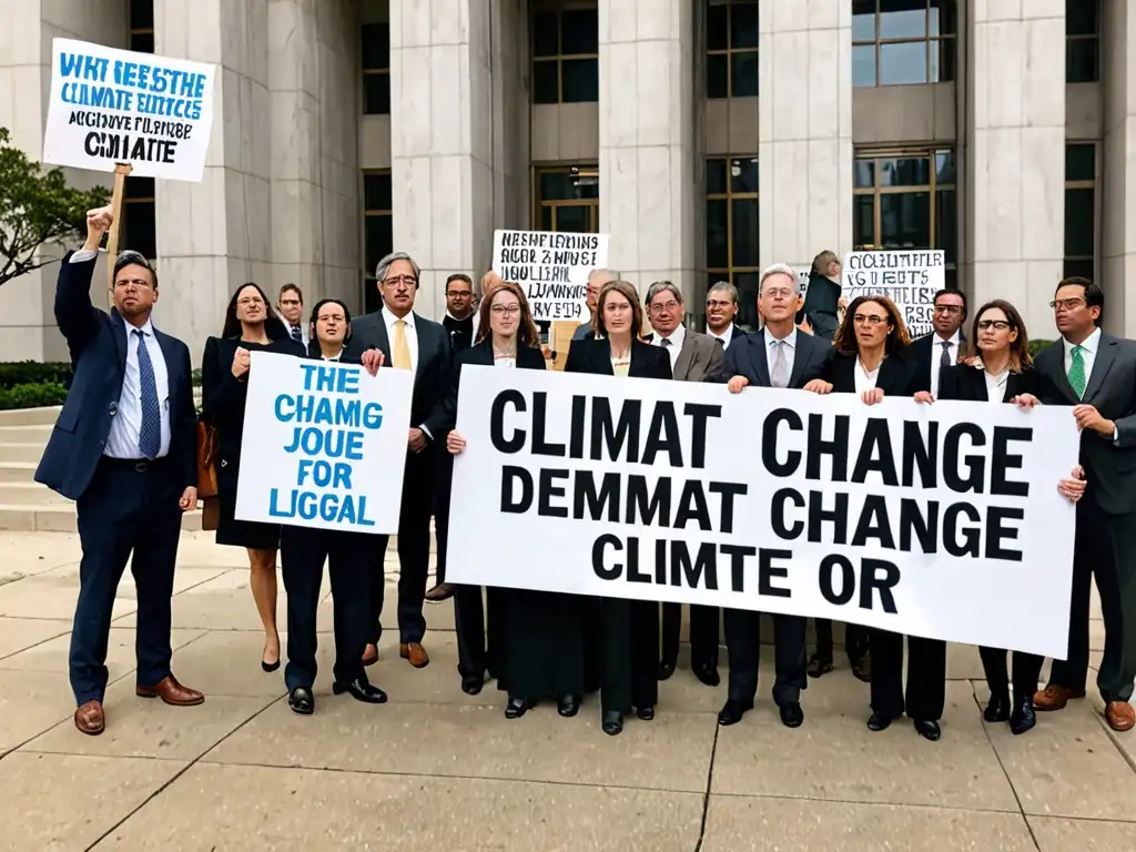 Un grupo de abogados y activistas se reúnen frente a un juzgado, sosteniendo pancartas sobre cambio climático y acción legal