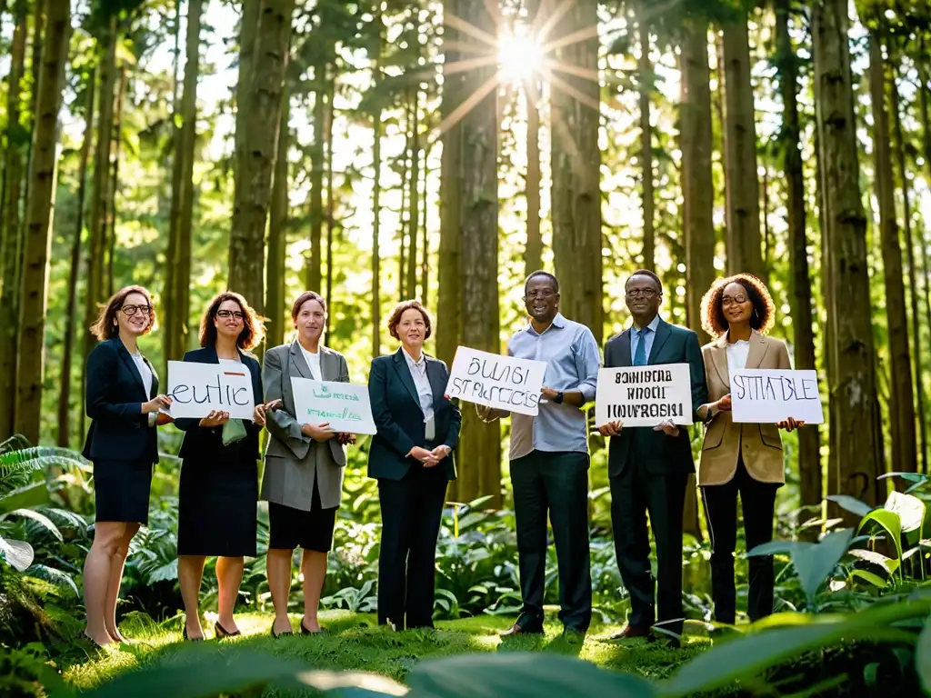 Un grupo de abogados ambientales y activistas, comprometidos en la defensa del medio ambiente, se reúnen frente a un exuberante bosque verde