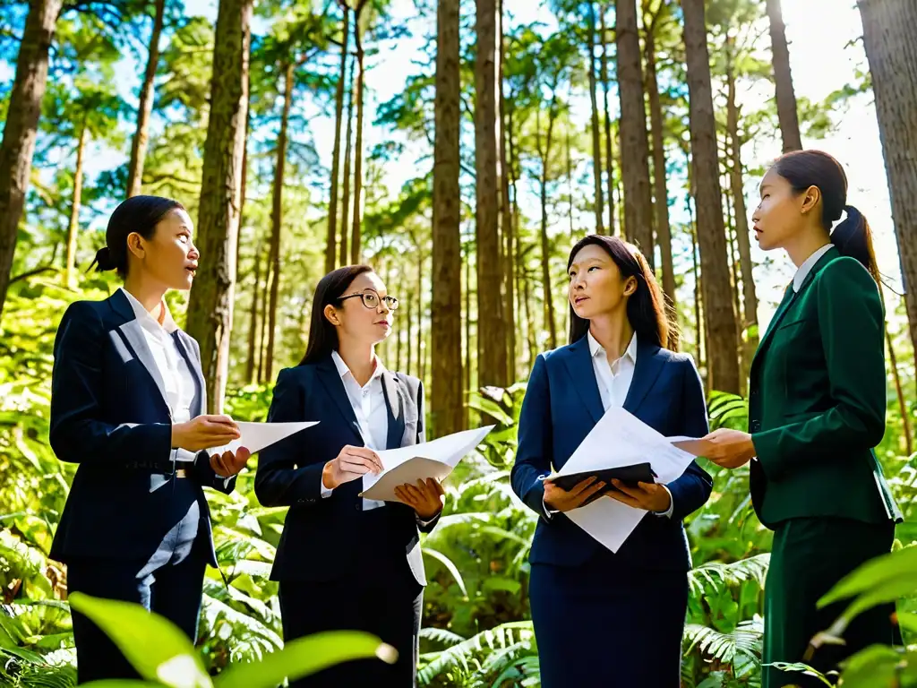 Un grupo de abogados ambientales en trajes de negocios, discutiendo apasionadamente en un hermoso bosque verde bajo un cielo azul