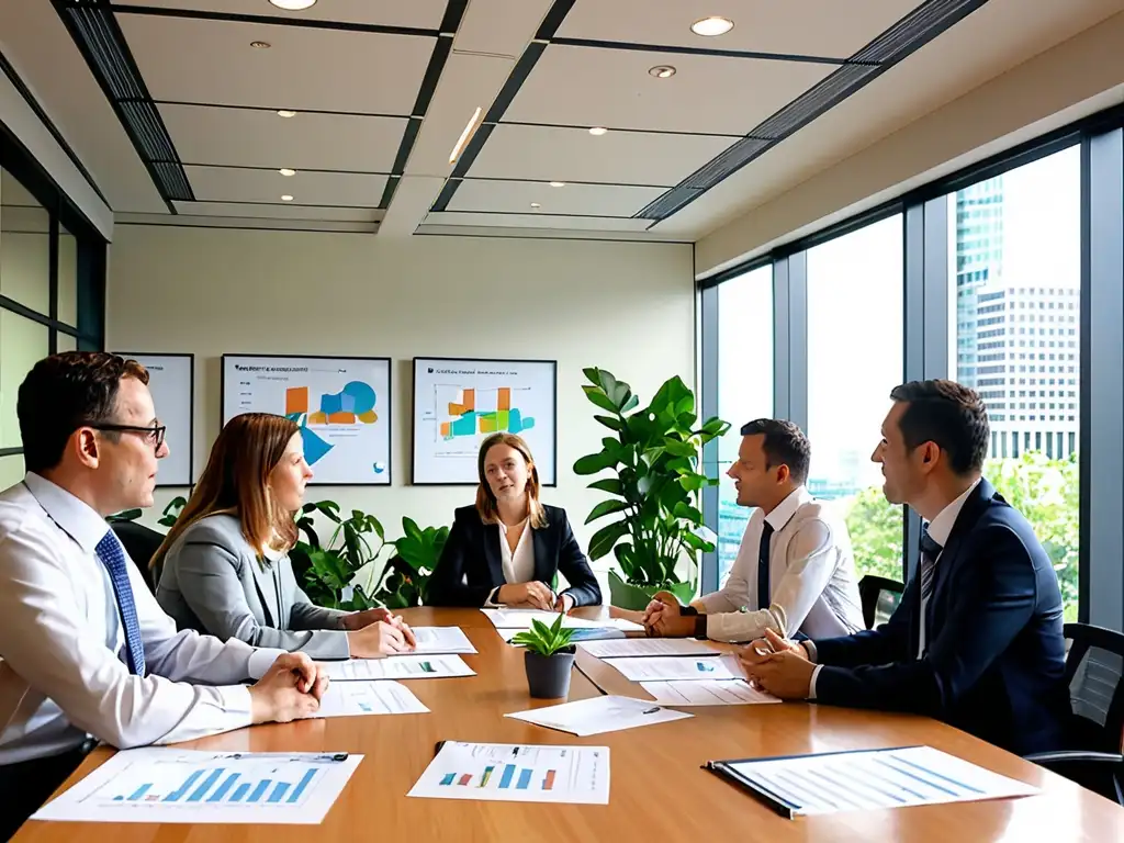 Abogados y expertos ambientales creando estrategias sostenibles Un grupo de abogados corporativos y expertos en medio ambiente discuten documentos legales y estrategias en una sala de juntas moderna