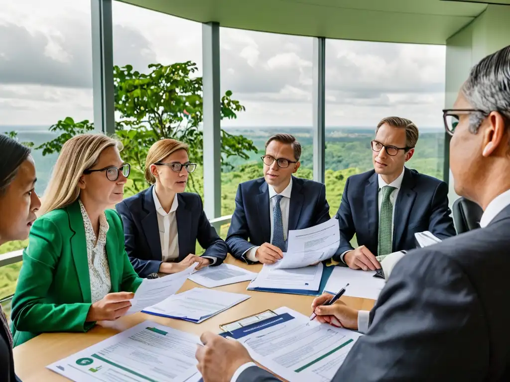 Un grupo de abogados y expertos en medio ambiente discuten leyes financieras sostenibles para medio ambiente mientras revisan documentos sobre cambio climático y finanzas verdes, con un paisaje exuberante de fondo