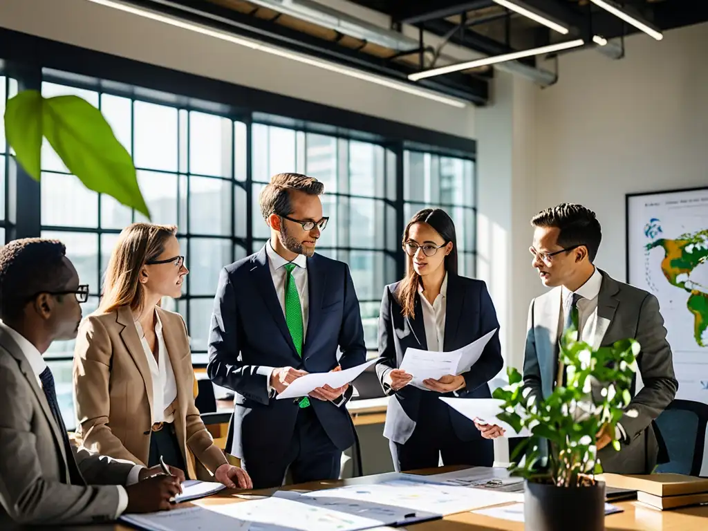 Grupo de abogados y expertos en medio ambiente discuten documentos legales y gráficos en una oficina ecológica y moderna