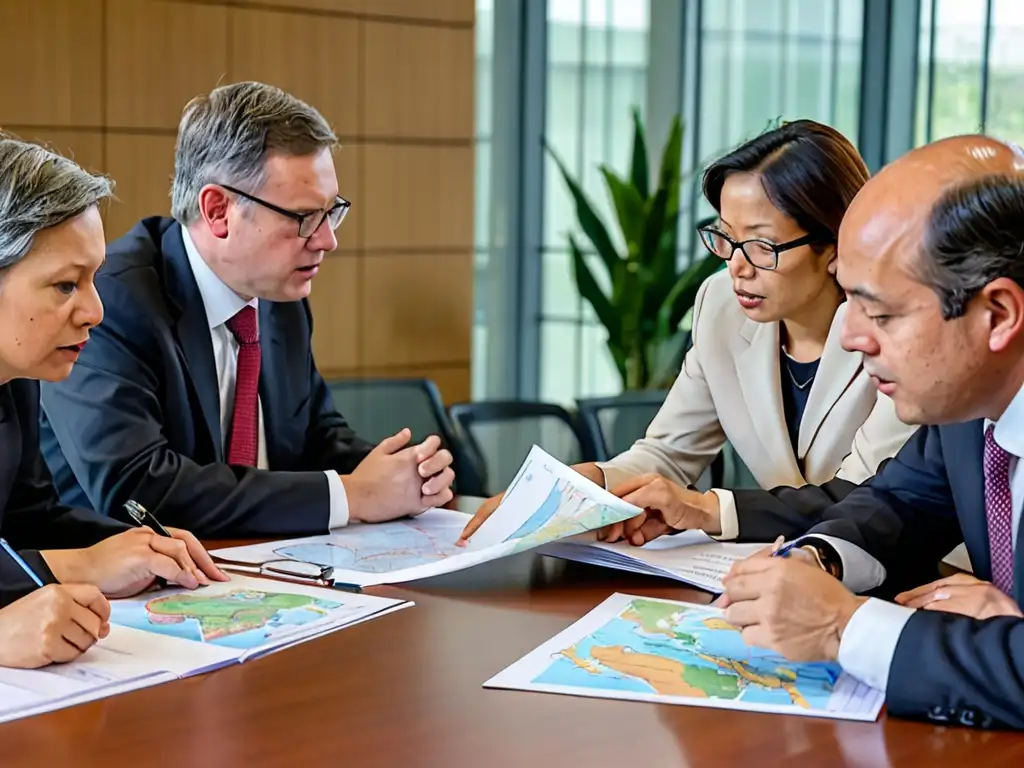 Un grupo de abogados y legisladores ambientales de diferentes países discuten acaloradamente regulaciones sobre contaminación transfronteriza en una sala de conferencias moderna y bien iluminada, revisando documentos legales y acuerdos internacionales con mapas y gráficos