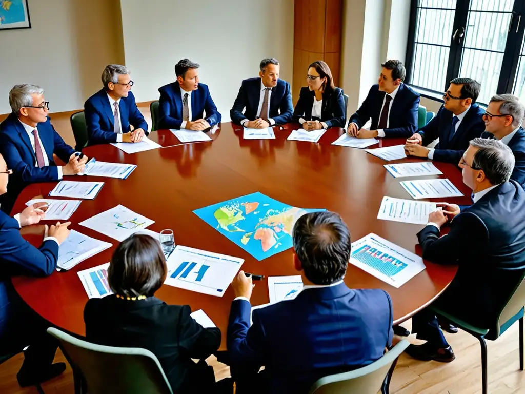 Grupo de abogados y legisladores ambientales debatiendo con pasión en conferencia sobre nuevas tendencias derecho ambiental global