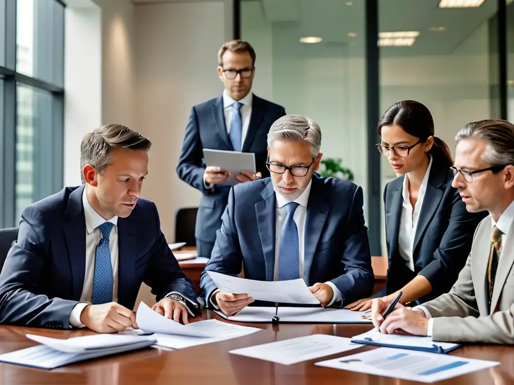 Un grupo de abogados y profesionales de negocios revisando documentos legales y contratos relacionados con inversiones en tecnología limpia