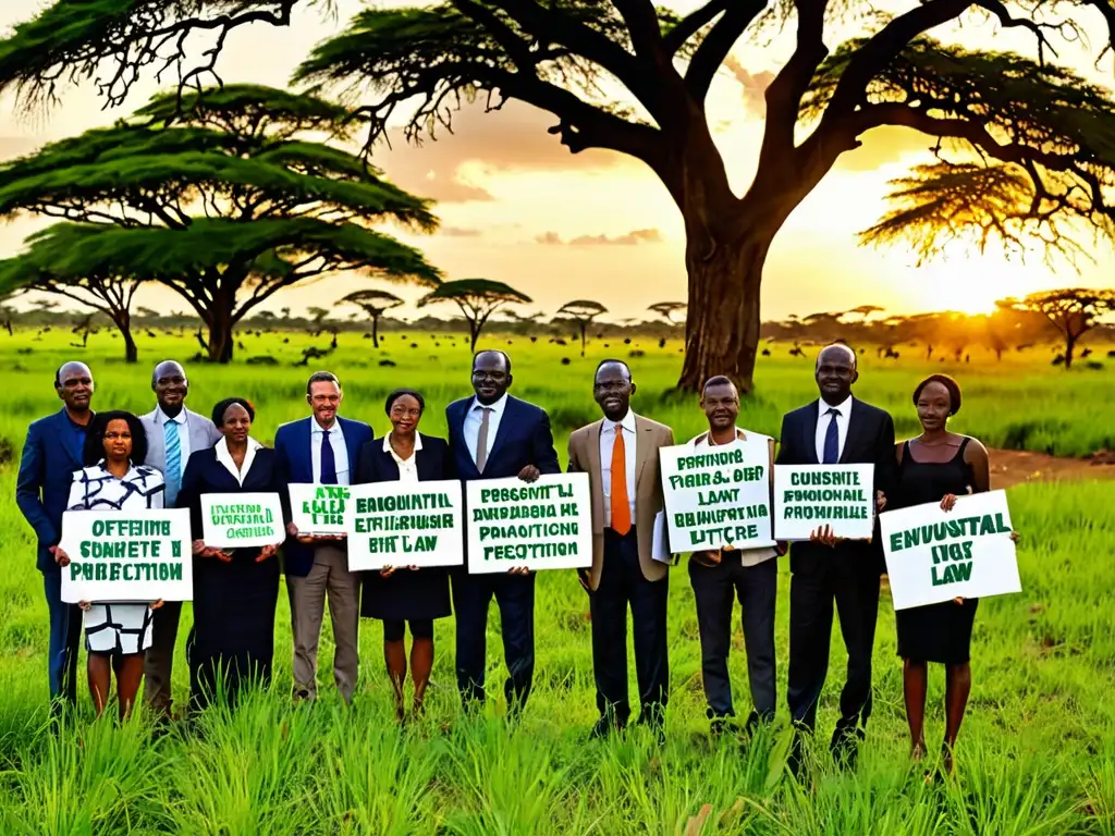 Grupo de activistas y abogados africanos en paisaje verde, discutiendo estrategias para el derecho ambiental evolución continente africano