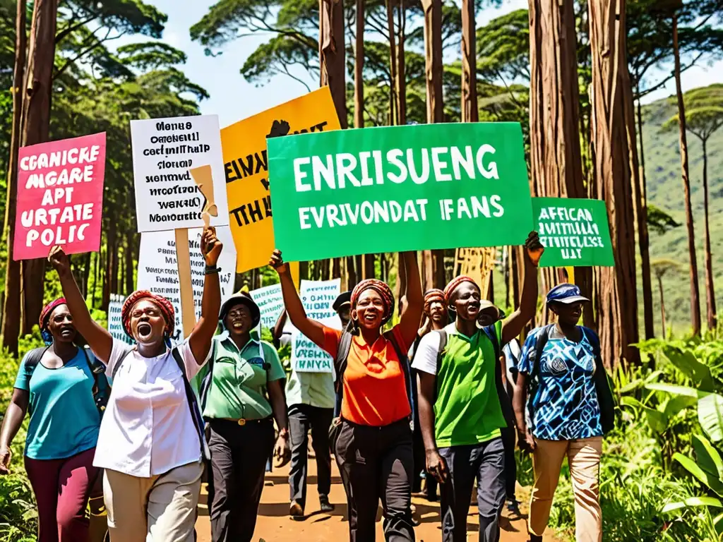 Un grupo de activistas ambientales africanos marcha en un bosque verde con determinación, levantando pancartas y símbolos coloridos