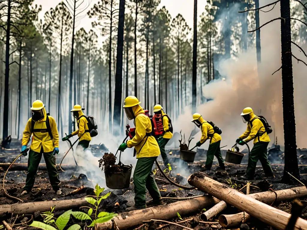 Un grupo de activistas ambientales plantando árboles en un bosque devastado por un incendio