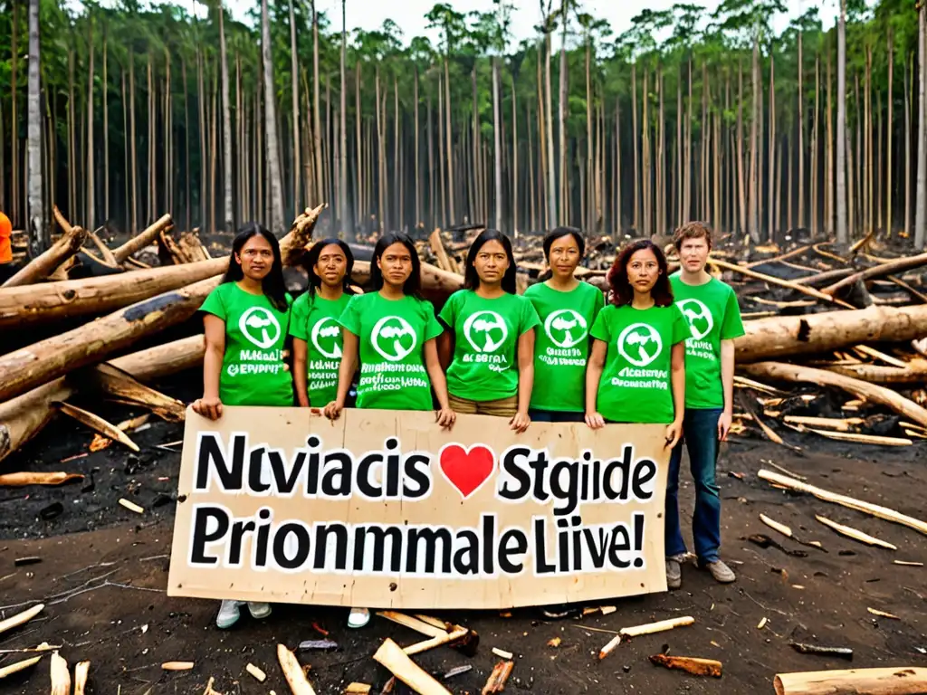 Un grupo de activistas ambientales con camisetas verdes, sosteniendo carteles en un paisaje forestal devastado