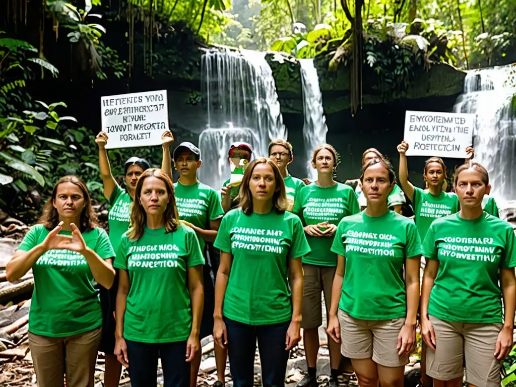 Grupo de activistas ambientales con camisetas verdes en un bosque exuberante, transmitiendo la importancia de las ONGs en Derecho Ambiental