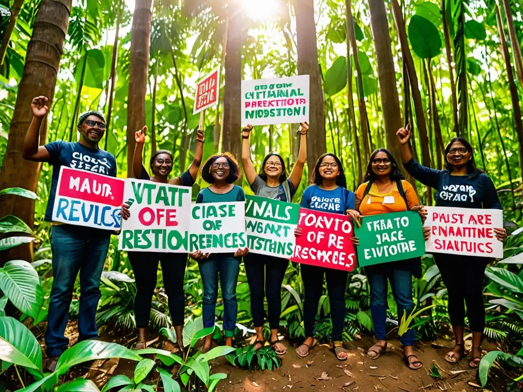 Un grupo de activistas ambientales sostienen carteles con mensajes poderosos, rodeados de exuberante vegetación